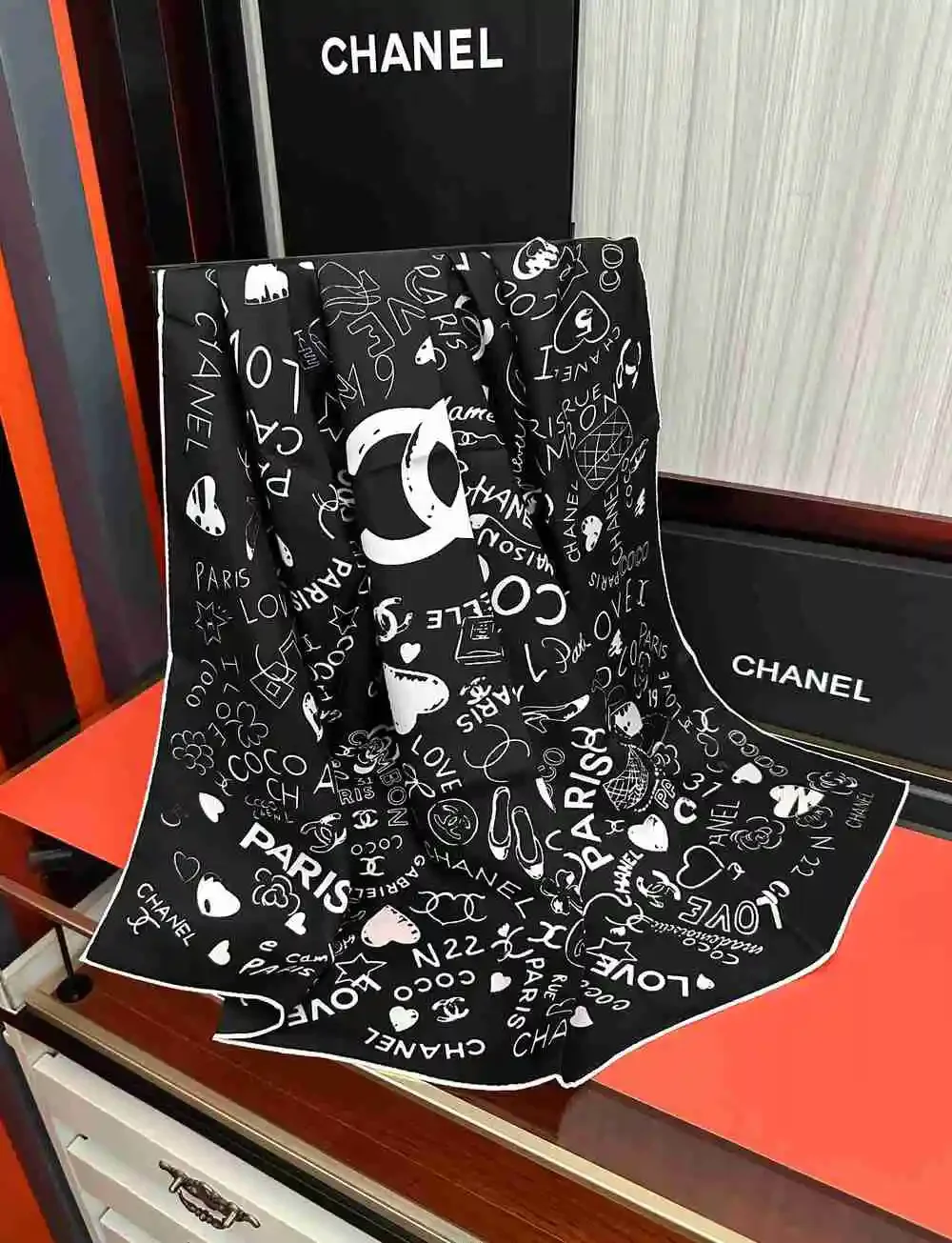 CHANEL Graffiti Print Silk Square Scarf 90×90cm